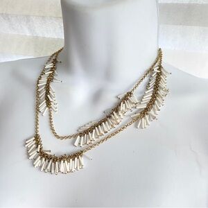 Long Necklace White Bugle Bead Dangles Goldtone Vintage